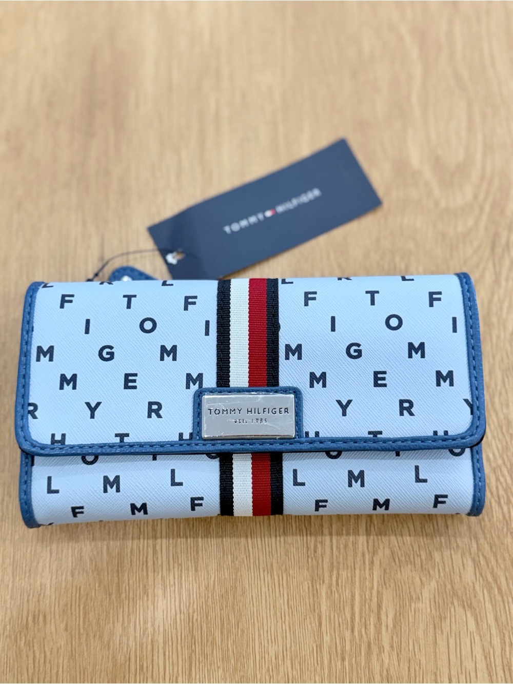 Tommy Hilfiger Light Blue Logo Stripe Trifold Wallet